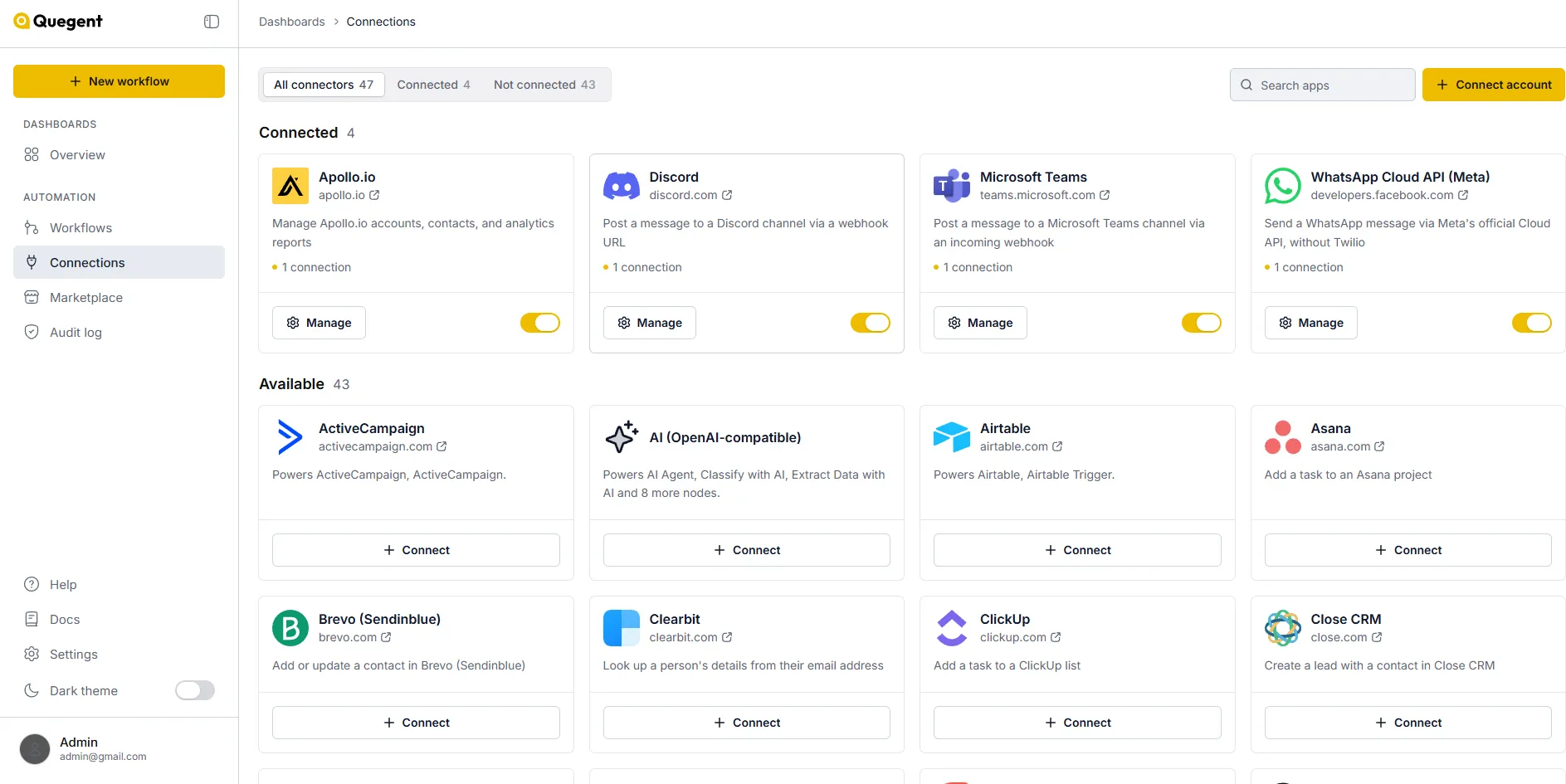 The Quegent dashboard: connected accounts and the connector catalogue